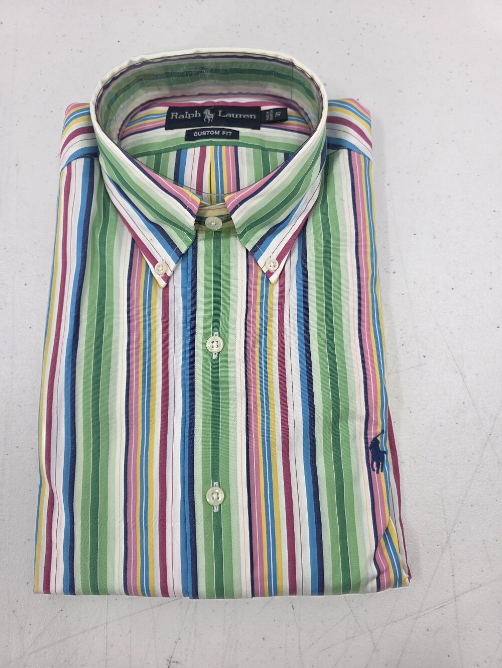 NWT Vintage Ralph Lauren Multi Color Striped Dress Shirt Custom Fit Men's Small.